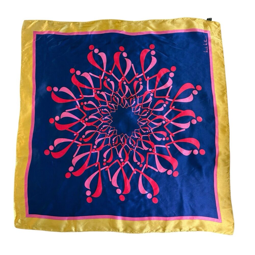 Vintage 90s Nicole Miller 100% Silk Scarf Handmade Geometric Mandala Print 35X35